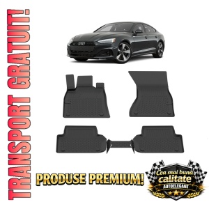 Set covorase Audi A5 Sportback din 2016, covorase presuri tavita auto, cu tunel median intermediar din cauciuc thermoplastic, 4 Stickere auto cu Audi