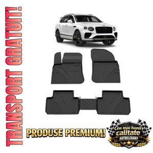 Set covorase Bentley Bentayga din 2016, covorase presuri tavita auto, cu tunel median intermediar din cauciuc thermoplastic, 4 Stickere auto cu Bentley