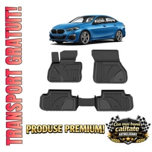 Set covorase BMW Seria 2 F44 Gran Coupe din 2019-2024, covorase presuri tavita auto, cu tunel median intermediar din cauciuc thermoplastic, 4 Stickere auto cu BMW