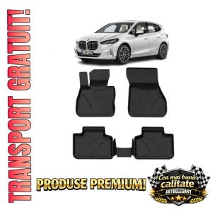 Set covorase BMW Seria 2 U06 Active Tourer din 2021, covorase presuri tavita auto, cu tunel median intermediar din cauciuc thermoplastic, 4 Stickere auto cu BMW