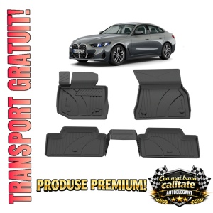 Set covorase BMW Seria 4 G26 Gran Coupe din 2021, covorase presuri tavita auto, cu tunel median intermediar din cauciuc thermoplastic, 4 Stickere auto cu BMW