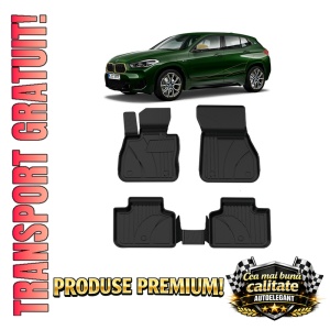 Set covorase BMW X2 F39 din 2018, covorase presuri tavita auto, cu tunel median intermediar din cauciuc thermoplastic, 4 Stickere auto cu BMW