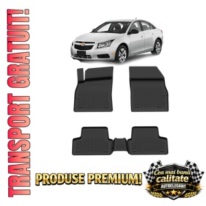 Set covorase Chevrolet Cruze din 2009, covorase presuri tavita auto, cu tunel median intermediar din cauciuc thermoplastic, 4 Stickere auto cu Chevrolet