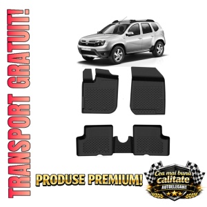 Set covorase Dacia Duster I 4x2 din 2010 - 2013, covorase presuri tavita auto, cu tunel median intermediar din cauciuc thermoplastic, 4 Stickere auto cu Dacia