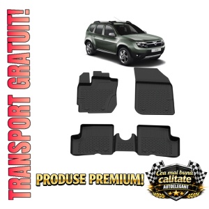 Set covorase Dacia Duster I 4x4 din 2010 - 2017, covorase presuri tavita auto, cu tunel median intermediar din cauciuc thermoplastic, 4 Stickere auto cu Dacia