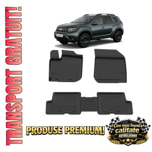 Set covorase Dacia Duster II din 2018 - 2024, covorase presuri tavita auto, cu tunel median intermediar din cauciuc thermoplastic, 4 Stickere auto cu Dacia