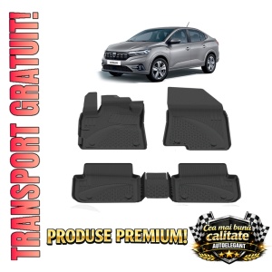 Set covorase Dacia Logan III din 2020, covorase presuri tavita auto, cu tunel median intermediar din cauciuc thermoplastic, 4 Stickere auto cu Dacia
