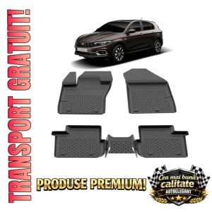 Set covorase Fiat Tipo Hatchback din 2016, covorase presuri tavita auto, cu tunel median intermediar din cauciuc thermoplastic, 4 Stickere auto cu Fiat