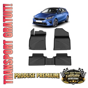 Set covorase KIA Ceed III din 2018, covorase presuri tavita auto, cu tunel median intermediar din cauciuc thermoplastic, 4 Stickere auto cu KIA