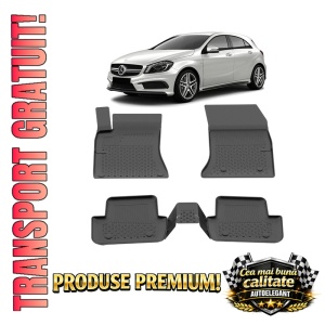 Set covorase Mercedes A-Class W176 din 2012-2018, covorase presuri tavita auto, cu tunel median intermediar din cauciuc thermoplastic, 4 Stickere auto cu Mercedes