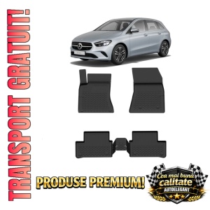 Set covorase Mercedes B-Class W247 din 2018, covorase presuri tavita auto, cu tunel median intermediar din cauciuc thermoplastic, 4 Stickere auto cu Mercedes