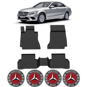 Set covorase Mercedes C-Class W205 din 2014 - 2020, covorase presuri tavita auto, cu tunel median intermediar din cauciuc thermoplastic, 4 Stickere auto cu Mercedes - Img 2