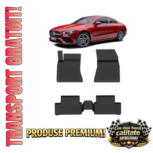 Set covorase Mercedes CLA C118 din 2019, covorase presuri tavita auto, cu tunel median intermediar din cauciuc thermoplastic, 4 Stickere auto cu Mercedes
