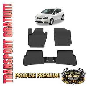Set covorase Seat Ibiza din 2008 - 2017, covorase presuri tavita auto, cu tunel median intermediar din cauciuc thermoplastic, 4 Stickere auto cu Seat