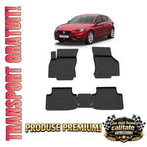 Set covorase Seat Leon IV din 2021, covorase presuri tavita auto, cu tunel median intermediar din cauciuc thermoplastic, 4 Stickere auto cu Seat