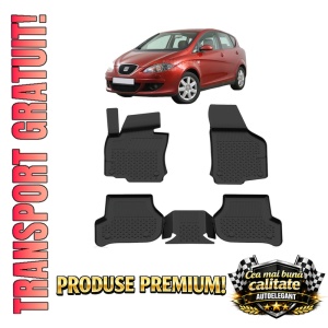 Set covorase Seat Toledo III din 2004-2012, covorase presuri tavita auto, cu tunel median intermediar din cauciuc thermoplastic, 4 Stickere auto cu Seat