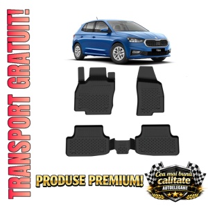 Set covorase Skoda Fabia din 2020, covorase presuri tavita auto, cu tunel median intermediar din cauciuc thermoplastic, 4 Stickere auto cu Skoda