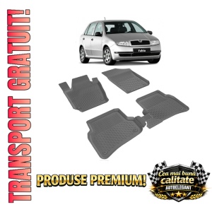 Set covorase Skoda Fabia I din 1999 - 2007, covorase presuri tavita auto, cu tunel median intermediar din cauciuc thermoplastic, 4 Stickere auto cu Skoda