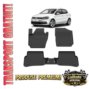 Set covorase Volkswagen Polo din 2010 - 2017, covorase presuri tavita auto, cu tunel median intermediar din cauciuc thermoplastic, 4 Stickere auto cu Volkswagen