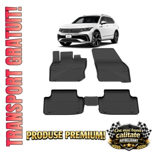 Set covorase Volkswagen Tiguan III din 2024, covorase presuri tavita auto, cu tunel median intermediar din cauciuc thermoplastic, 4 Stickere auto cu Volkswagen