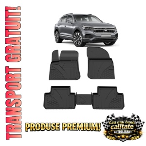 Set covorase Volkswagen Touareg III CR7 din 2018, covorase presuri tavita auto, cu tunel median intermediar din cauciuc thermoplastic, 4 Stickere auto cu Volkswagen