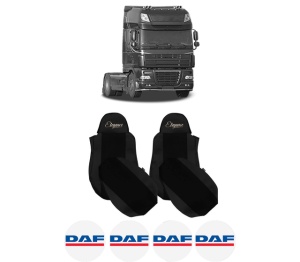 Set Huse Scaune Camion Tir DAF 95 XF din 1997-2002, Auto, Model ELEGANCE S, Culoare Negru, 4x Stickere auto cu DAF