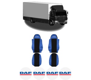 Set Huse Scaune Camion Tir DAF CF 65 din 2001-2013, Auto, Model ELEGANCE Q, Culoare Albastru, 4x Stickere auto cu DAF