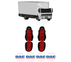 Set Huse Scaune Camion Tir DAF CF 75 din 2001-2013, Auto, Model CLASSIC, Culoare Rosu, 4x Stickere auto cu DAF
