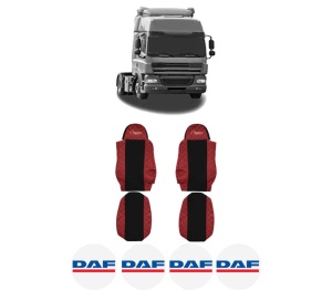 Set Huse Scaune Camion Tir DAF CF 85 din 2001-2020, Auto, Model ELEGANCE Q, Culoare Rosu, 4x Stickere auto cu DAF