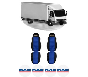 Set Huse Scaune Camion Tir DAF LF 45 din 2001-2009, Auto, Model CLASSIC, Culoare Albastru, 4x Stickere auto cu DAF
