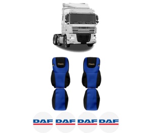 Set Huse Scaune Camion Tir DAF XF 105 din 2005-2013, Auto, Model CLASSIC, Culoare Albastru, 4x Stickere auto cu DAF