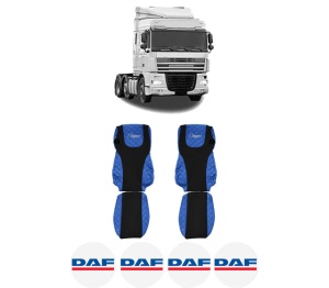 Set Huse Scaune Camion Tir DAF XF 105 din 2005-2013, Auto, Model ELEGANCE Q, Culoare Albastru, 4x Stickere auto cu DAF