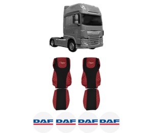 Set Huse Scaune Camion Tir DAF XF 106 din 2012-2017, Auto, Model ELEGANCE Q, Culoare Rosu, 4x Stickere auto cu DAF