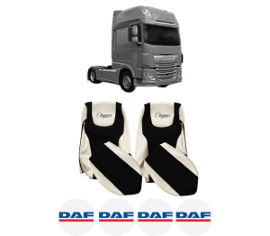Set Huse Scaune Camion Tir DAF XF 106 din 2012-2017, Auto, Model ELEGANCE S, Culoare Sampanie, 4x Stickere auto cu DAF