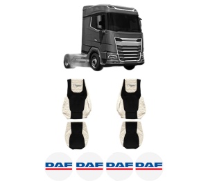 Set Huse Scaune Camion Tir DAF XF II din 2021-2023, Auto, Model ELEGANCE Q, Culoare Sampanie, 4x Stickere auto cu DAF