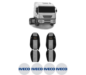 Set Huse Scaune Camion Tir Iveco STRALIS I din 2002-2013, Auto, Model CLASSIC, Culoare Gri, 4x Stickere auto cu Iveco