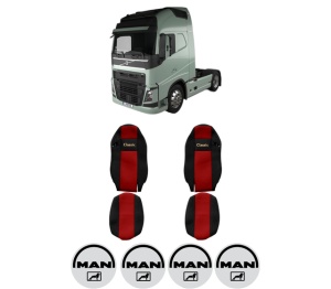 Set Huse Scaune Camion Tir MAN FH II din 2012-2017, Auto, Model CLASSIC, Culoare Rosu, 4x Stickere auto cu MAN
