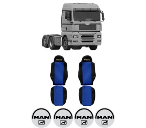 Set Huse Scaune Camion Tir MAN TGA din 1999-2012, Auto, Model CLASSIC, Culoare Albastru, 4x Stickere auto cu MAN