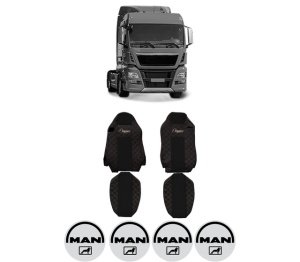 Set Huse Scaune Camion Tir MAN TGX I din 2006-2021, Auto, Model ELEGANCE Q, Culoare Negru/Rosu, 4x Stickere auto cu MAN