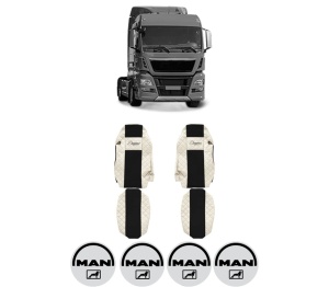 Set Huse Scaune Camion Tir MAN TGX I din 2006-2021, Auto, Model ELEGANCE Q, Culoare Bej, 4x Stickere auto cu MAN