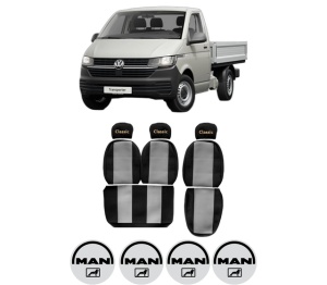Set Huse Scaune Camion Tir MAN TRANSPORTER T5 Platform/Chassis (7JD, 7JE, 7JL, 7JY, 7JZ, 7F din 2003-2015, Auto, Model CLASSIC, Culoare Gri, 4x Stickere auto cu MAN