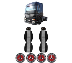 Set Huse Scaune Camion Tir MERCEDES-BENZ ACTROS din 1996-2003, Auto, Model CLASSIC, Culoare Gri, 4x Stickere auto cu MERCEDES-BENZ