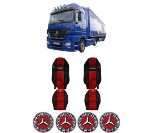 Set Huse Scaune Camion Tir MERCEDES-BENZ ACTROS MP2 / MP3 din 2002-2009, Auto, Model CLASSIC, Culoare Rosu, 4x Stickere auto cu MERCEDES-BENZ