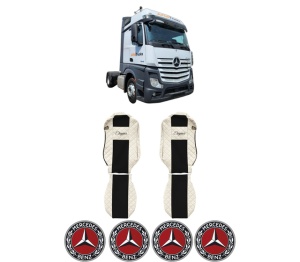 Set Huse Scaune Camion Tir MERCEDES-BENZ ACTROS MP4 / MP5 din 2011-2024, Auto, Model ELEGANCE Q, Culoare Bej, 4x Stickere auto cu MERCEDES-BENZ