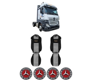 Set Huse Scaune Camion Tir MERCEDES-BENZ ACTROS MP4 / MP5 din 2011-2024, Auto, Model CLASSIC, Culoare Gri, 4x Stickere auto cu MERCEDES-BENZ