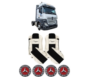 Set Huse Scaune Camion Tir MERCEDES-BENZ ACTROS MP4 / MP5 din 2011-2024, Auto, Model ELEGANCE S, Culoare Sampanie, 4x Stickere auto cu MERCEDES-BENZ