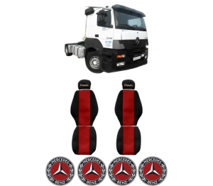 Set Huse Scaune Camion Tir MERCEDES-BENZ AXOR din 2002-2004, Auto, Model CLASSIC, Culoare Rosu, 4x Stickere auto cu MERCEDES-BENZ