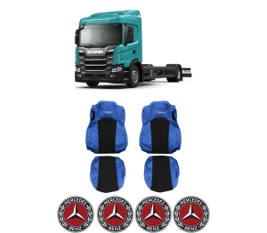 Set Huse Scaune Camion Tir MERCEDES-BENZ G II din 2017-2023, Auto, Model ELEGANCE Q, Culoare Negru/Rosu, 4x Stickere auto cu MERCEDES-BENZ