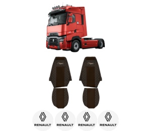 Set Huse Scaune Camion Tir RENAULT TRUCKS MAGNUM din 2004-2013, Auto, Model ELEGANCE Q, Culoare Maro, 4x Stickere auto cu RENAULT TRUCKS