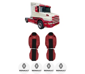 Set Huse Scaune Camion Tir RENAULT TRUCKS T din 2004-2019, Auto, Model ELEGANCE Q, Culoare Rosu, 4x Stickere auto cu RENAULT TRUCKS